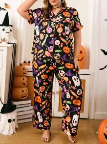 Chillnights Plus Size Candy Pumpkin Halloween Print Pajama Set - Multicolor - View 3