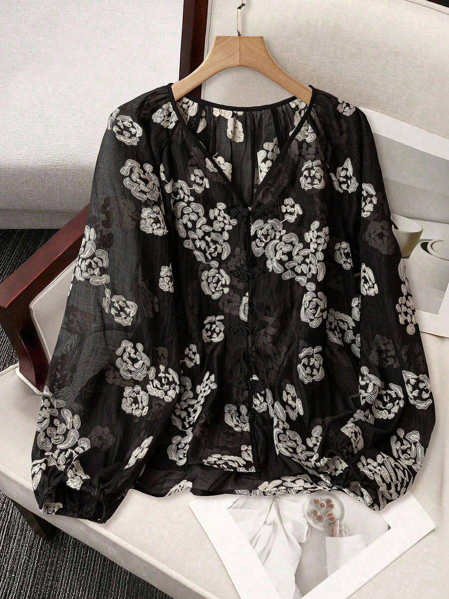 女士优雅通勤提花灯笼袖透明衬衫 - 黑色 - 查看 1