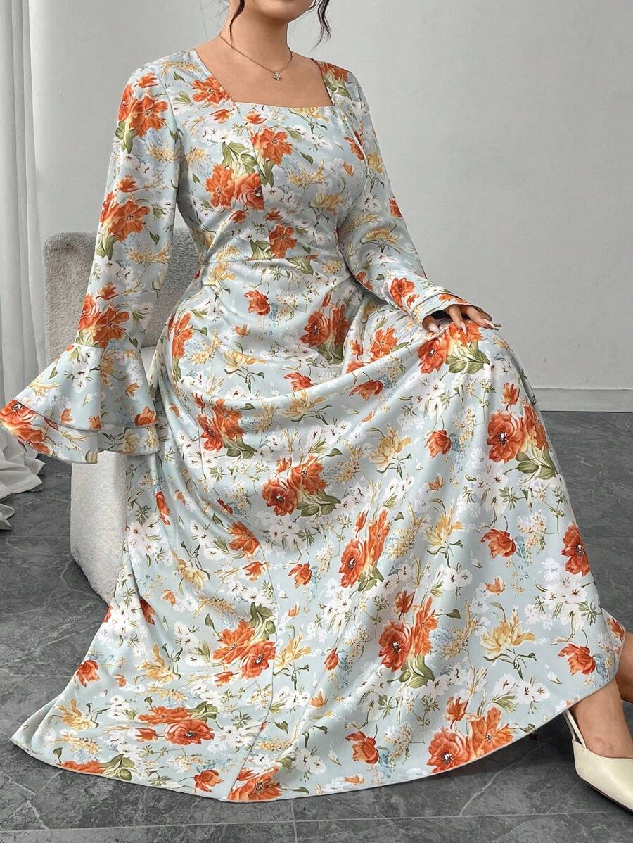 Modelyn 大码女式春秋度假风格全身印花方领荷叶边袖腰部收腰连衣裙 - 彩色 - 查看 1