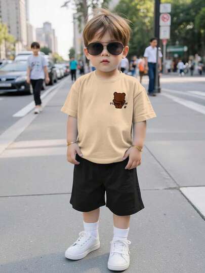 SHEIN Leap Crew 2 piezas Conjunto de camiseta de manga corta con estampado de oso de peluche y shorts informales y lindos para niños pequeños, adecuado para el verano