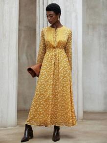 Aveloria Modichic Elegant Tie-Up Pearl Button Pleated Front Floral Print Chiffon Long Sleeve Dress, Early Autumn Fall Cloth For Women - Multicolor - View 1