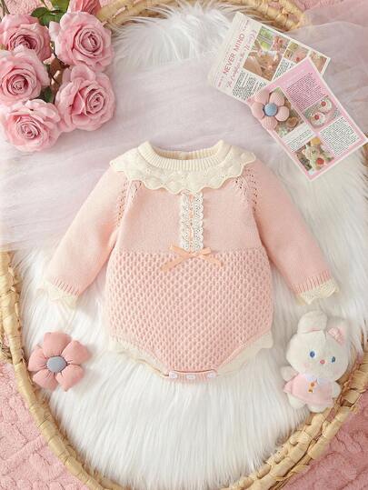 SHEIN Baby Girls Sweater Onesies, Infant Toddler Pullover Round Neck Knitted Long Sleeve Sweater Romper Jumpsuit, Suitable For Autumn/Winter, Pink And Apricot Color Block, Versatile Daily Wear, Ruffle Bowknot, Fashionable And Stylish, Suitable For Outings And Travel
