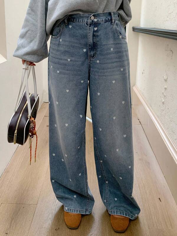 Dazy Plus Heart Print Floral Loose Straight Washed Distressed Long Jeans, All Season