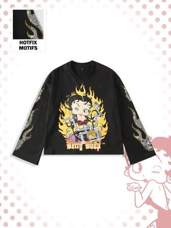 Betty Boop | ROMWE Men's Everyday Cartoon Figure Graphic Loose Fit Rhinestone Embellished Sweatshirt
