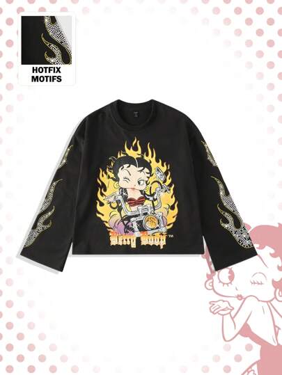 Betty Boop | ROMWE Sweat-shirt ample décontracté pour homme avec figure de dessin animé graphique, orné de strass