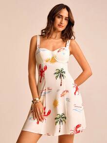 CAJUNI 女士度假无袖迷你连衣裙，带有龙虾、棕榈树、海星、波浪印花，缎纹织物，钢圈胸围，褶皱腰身，合身廓形，适合约会、派对、波西米亚风女装、海滩度假装 - 彩色 - 查看 7