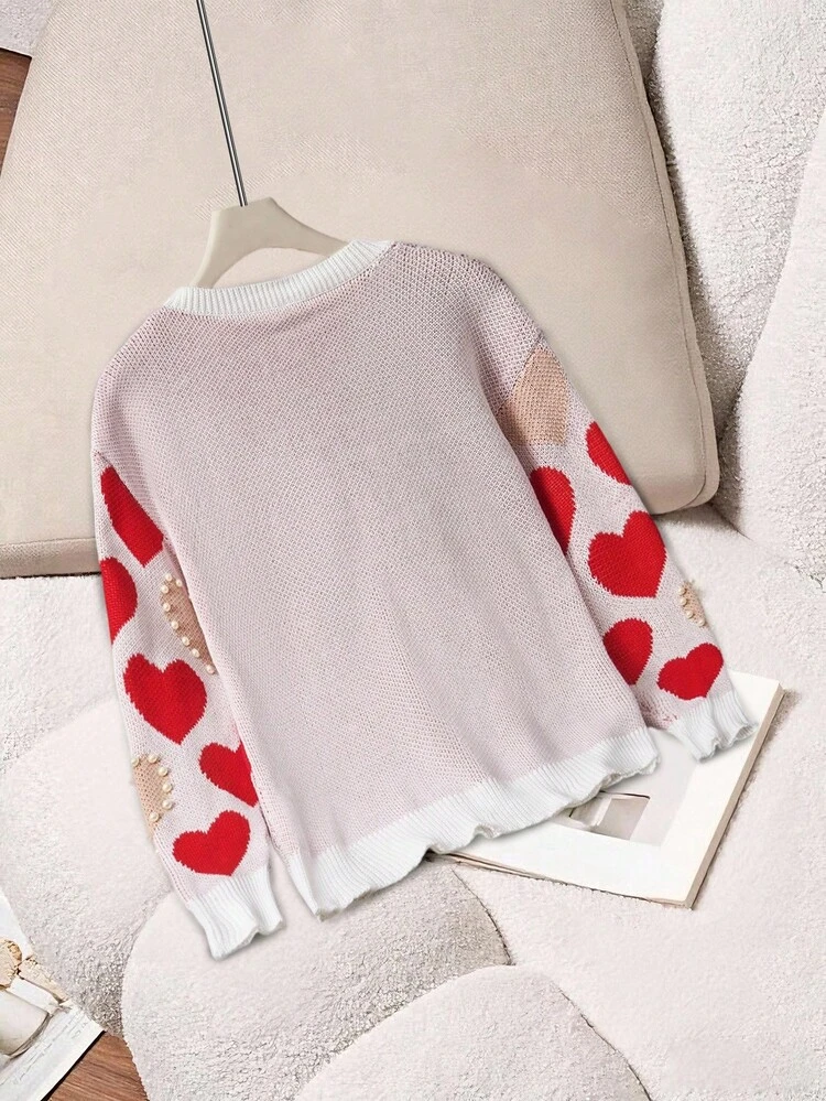 Faux Pearl Embellished Heart Knit Pullover Fall Winter Sweater