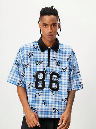 Prep Polo a maniche corte da uomo con stampa a quadri, floreale e numerica