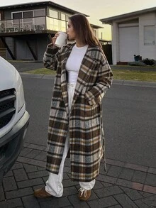 DAZY 女士格子羊毛大衣，宽松版型，长款，系腰，修身，适合万圣节，冬季 - 棕色 - 查看 2