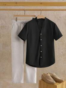 HIMLAND 2 件男士休闲修身 V 领短袖衬衫和裤子套装，Old Money - 彩色 - 查看 1