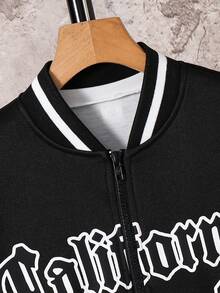 SHEIN Tween Boys' Black Autumn Smart Back-To-School Baseball Collar Jacket,Letter Print Patchwork Contrast Sleeve Loose Open Front Jacket For School,Sports - Black and White - View 5