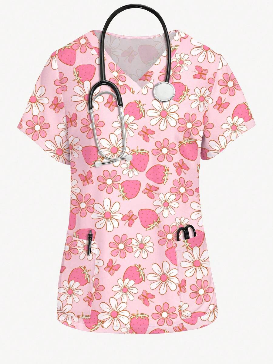 PopScrub Áo đồng phục y tá tay ngắn cổ chữ V in họa tiết hoa dâu tây dễ thương, áo sơ mi y tá thường ngày cho nữ - trắng - Xem 1