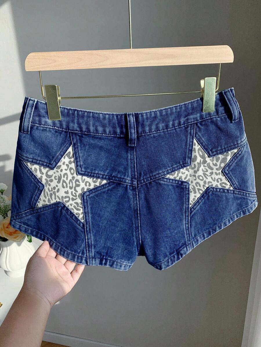 Comfortcana Quần short denim bó sát họa tiết da báo có túi dành cho nữ, mùa hè - Rửa trung bình - Xem 1