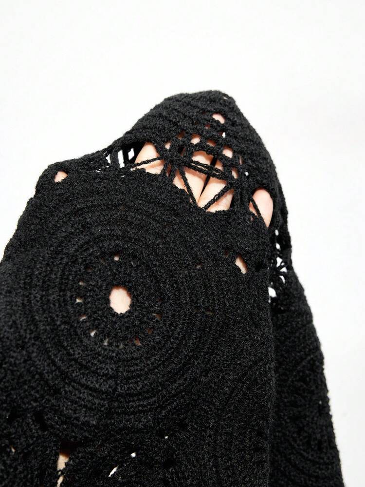 SHEIN Maija Black Sleeveless Round Neck Embroidered Tank Knit Top For Women, Fall For Women Female Country Look Black Crochet Top Eyelet Crochet Top Saudi National Day Casual Party Thanksgiving For Women Halloween Costume Women Christmas Sweater