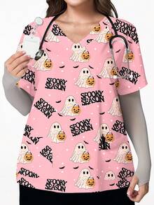 PopScrub Plus Size V-Neck Pink Short Sleeve Nurse/Doctor Hospital Uniform Top,Cute Halloween Pattern Design,Summer Health Check Surgery Lab Coat Multi-Pockets - Pink - View 1