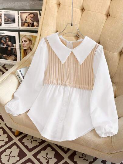 青少年女孩休闲校园风格拼布撞色长袖彼得潘领衬衫秋冬