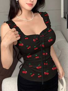 Modelyn 女士樱桃印花修身吊带背心，适合度假、通勤和日常穿着 - 彩色 - 查看 1