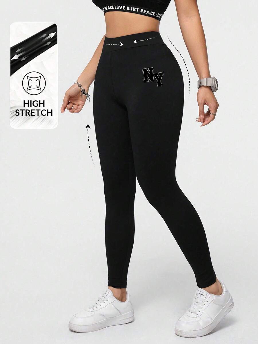 SHEIN Essnce NY字母印花休闲运动针织打底裤,适合秋冬外套 - 黑色 - 查看 1