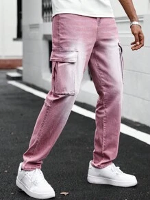 Manfinity Homme 男士休闲日常水洗翻盖口袋牛仔裤男士粉色牛仔裤粉色工装裤男士男朋友和丈夫款水洗修身度假裤 - 紅木色 - 查看 5