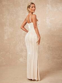 Lumalex Cream White Summer Elegant Formal Faux Pearls Rhinestone Detail Split Hem Bustier Slip Maxi Dress Luxury Prom Banquet Old Money Glitter Party Gown - Beige - View 6