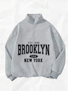 Attitoon Retro American Campus Style Casual Plus Size Unisex Women's Loose Half-Zip High Neck Fleece Hoodie, Suitable For Autumn/Winter College Clothes Gray Sweatshirt Fall Clothes New York Sweatshirt Brooklyn Sweatshirt Women Sweatshirts New York Outfits Women