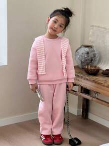 SHEIN 3pcs/Set Young Girl Light Pink Sweatshirt,Matching Pants & Striped Shawl,Back-To-School Summer Career Day Cute Round Neck Long Sleeve Outfits - Pink - View 3