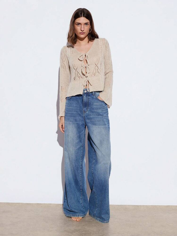 SHEIN Maija Top tricoté femme chic de vacances printemps/été, fleur 3D ajourée en crochet, nœud, kaki. Style décontracté romantique, adapté aux sorties, rassemblements, mariages, style vintage, Saint-Valentin