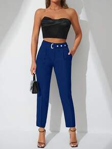 SHEIN Cottnline Túi bên Thắt lưng Dài Quần - Xanh đậm - Xem 5
