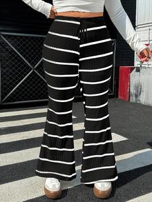 SHEIN EZwear 大码春季休闲条纹抽绳腰喇叭裤 - 黑色 - 查看 4