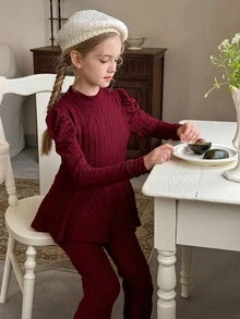 Blossori LMoss 2pcs Tween Girls Solid Color Knit Crew Neck Casual T-Shirt And Flare Pants Set,Christmas Girls Outfits,Christmas,Long Sleeve Top - Red - View 7