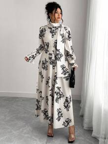 Elenzga Plus Size Women Floral Print Ruffle Sleeve Elegant Dress Fall Cloth For Women - Apricot - View 5