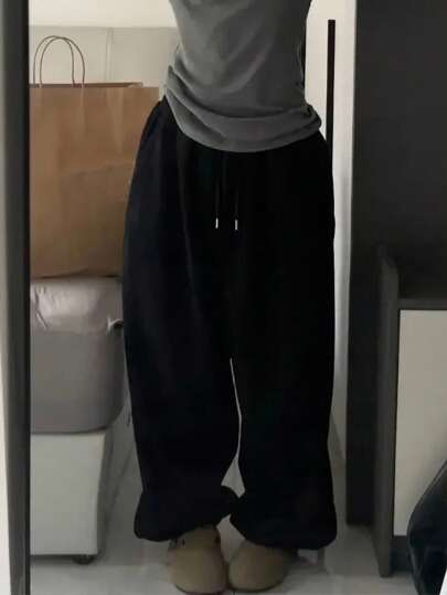 INAWLY レディース ブラック ウエストゴム ポケット付き ルーズ カジュアル ジョガーパンツ