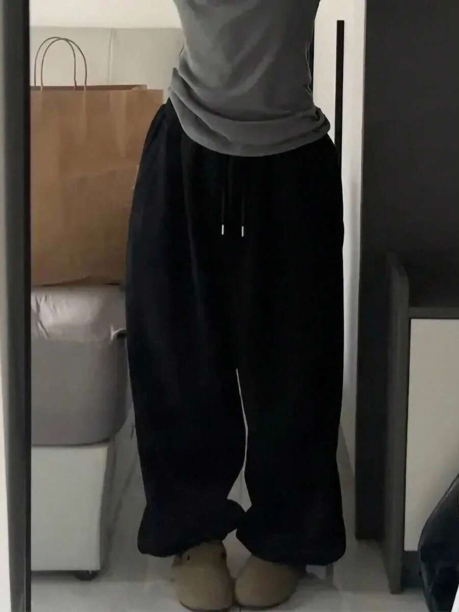 INAWLY Women's Black Elastic Waist Pockets Loose Casual Jogger Pants Fall Cloth For Women