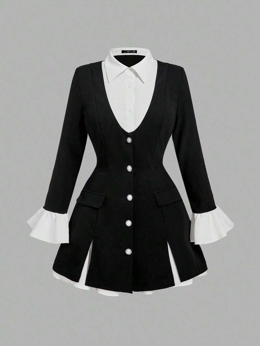 SHEIN MOD 大码女式二合一黑色收腰长袖荷叶边马甲，冬季女式外套，商务休闲，办公室穿着优雅 - 黑與白 - 查看 1