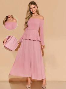 Amorya Women's New Off Shoulder & Chiffon Skirt 2 Pieces Set, Pink, Elegant For Daily Wear, Autumn Elegant Midi Dress Pink Chic Autumn - Pink - View 1