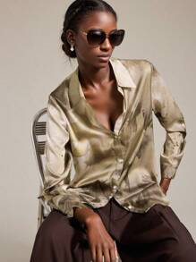 Ontre Women's Elegant Floral Print Satin Shirt,2025 Autumn Long Sleeve Collared Blouse,Olive Green Office Wear,Business Casual Old Money Style,Urban Chic - Yellow - View 1