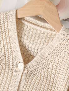 SHEIN Vintaside Kids 1 قطعة كارديجان للبنات، بأسلوب بسيط، لون موحد، ياقة على شكل حرف V، صدر واحد، جيوب مزدوجة متماثلة، أكمام مكشكشة فريدة، كارديجان محبوك أبيض مجوف، ملابس علوية متعددة الاستخدامات، مناسبة للخروجات، الربيع والخريف - لون مشمشي - مشاهدة 5