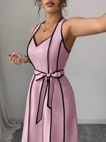 Elenzga Mono elegante y casual para dama de oficina o maestra, con diseño de alta gama, de color blanco con bloques de color negro, estampado digital, cierre de cremallera en la cintura, pantalón de pierna ancha y larga, estilo retro de rayas francesas, escote de halter y cuello en V. - Rosa - Ver 4