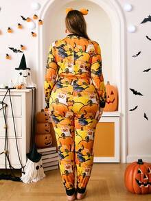 Plus Size Women's Halloween Full Print Half Button Front Long Sleeve Jumpsuit Pajamas, Fall - Orange - View 2