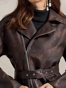 Briarwyn Áo khoác dài tay thường ngày có khóa kéo eo màu trơn cho nữ, Áo khoác mùa đông cho nữ, Áo khoác nâu cho nữ, Áo khoác da cho nữ, Áo khoác nữ, Trang phục Halloween cho nữ - màu nâu - Xem 2