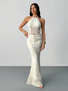 SHEIN Tall Women's Solid Color Backless Halter Top And Mermaid Hem Skirt Bodycon Sexy 2 Pieces Set - Beige - View 3