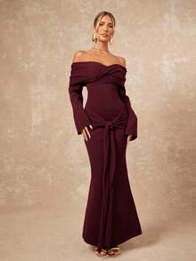 Lumalex 秋冬派对晚宴 优雅老派 闪亮节日派对 锐舞节 郊游 度假 户外 层次丰富 婚礼季 宴会 成人礼 露肩喇叭袖收腰褶皱系带长款毛衣连衣裙 女士 奢华舞会 ID 古尔邦节 古尔邦节派对 新年 - 酒紅色 - 查看 6