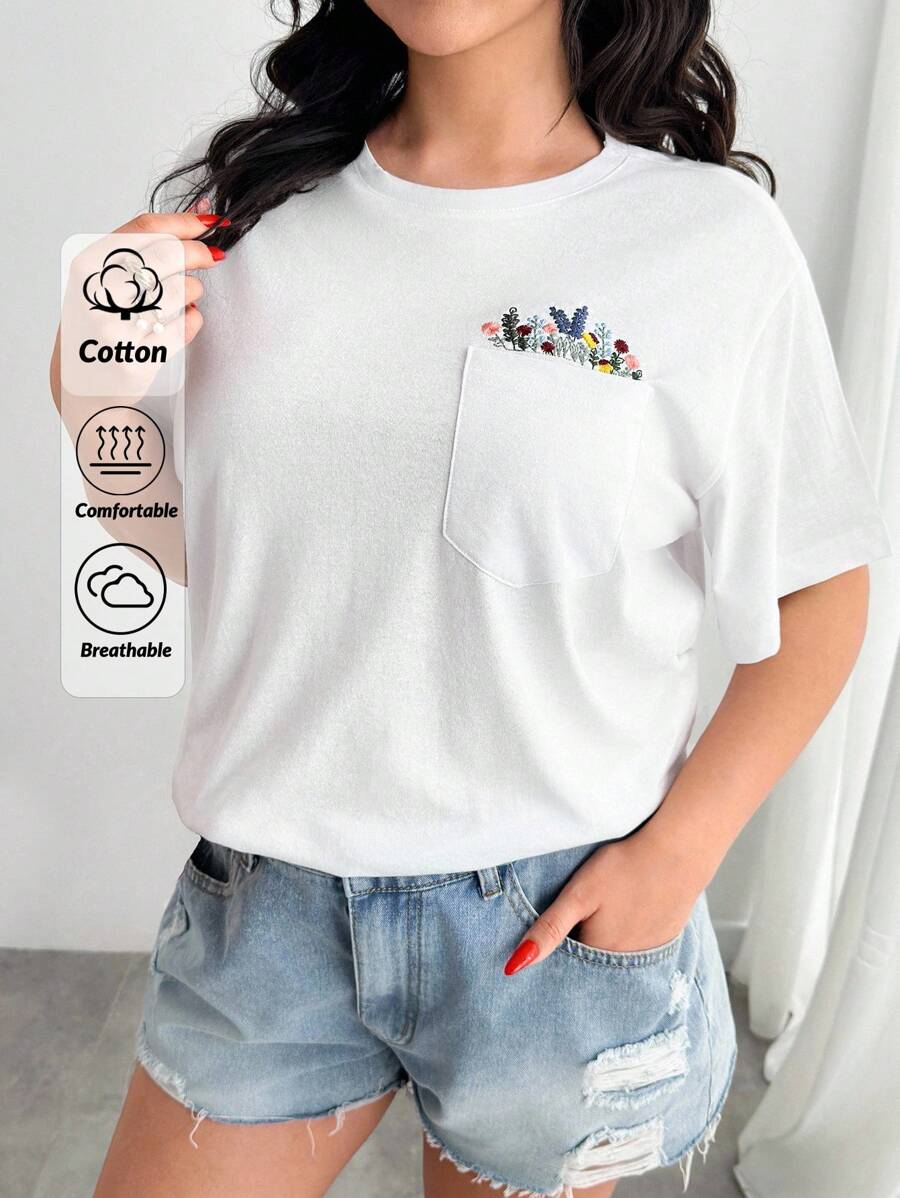 EURMUSE Áo phông 100% Cotton thêu hoa, cổ tròn, chi tiết túi - trắng - Xem 1