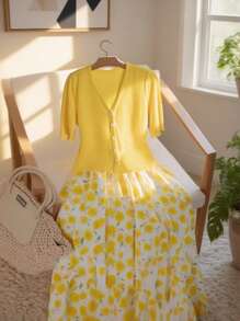 Franclia Bộ 2 món áo chui đầu cổ chữ V dài tay lãng mạn thanh lịch dành cho nữ, trang phục toàn màu trắng mùa xuân/thu dành cho sinh viên - Màu vàng - Xem 1