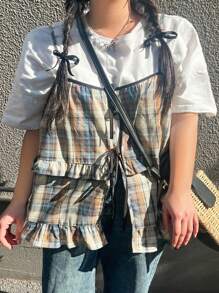 Dazy Plus Plaid Patchwork Bowknot Loose Casual Layered Plus Size Women Camisole And Tank Top - Multicolor - View 8
