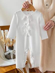 SHEIN Baju Terusan Bayi Perempuan Lucu Warna Putih Bergaris dengan Hiasan Pita, Lengan Panjang, Musim Gugur/Musim Dingin - Putih - View 8