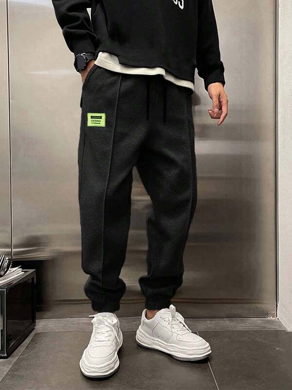 EURMUSE Cotton Men Letter Patched Drawstring Waist Sweatpants