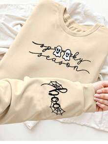 INAWLY Sweatshirt décontracté à col rond avec lettrage "BOO" brodé, cadeau d'Halloween - Nude - Voir 3