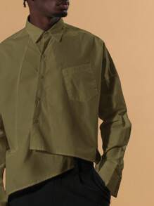 Musero 不对称下摆长袖衬衫，正面口袋设计，宽松廓形，适合秋冬叠穿 - 橄欖綠 - 查看 2
