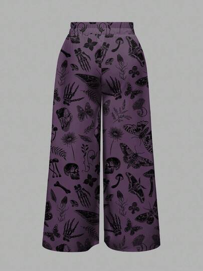 Goth Plus Size Women Gothic Witch Dark Palace Skull Moth Plant Butterfly Mushroom Leaf Print Loose Wide Leg Pants, Halloween